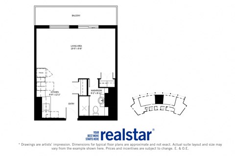 Harbourview Apartments bachelor floorplan variation C in Oakville, ON